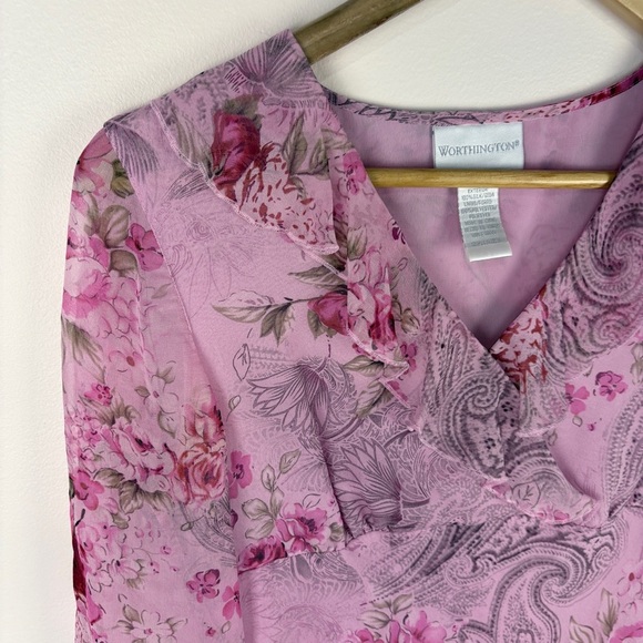 Vintage Y2K Silk Pink Floral Long Sleeve Blouse Babydoll Fairy - Picture 3 of 6